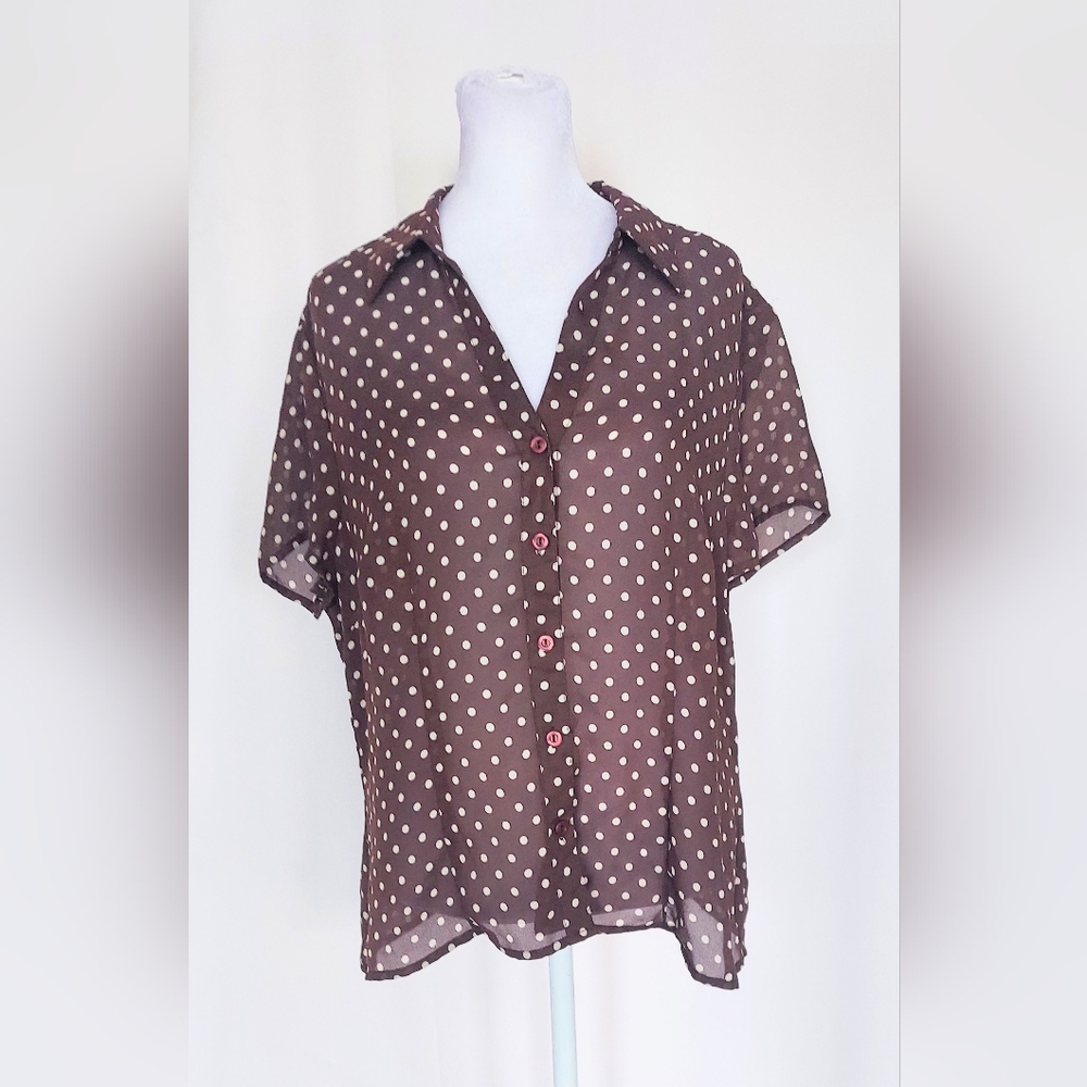 Rena Rowan Petites Short Sleeve Sheer Top Brown White Polka Dot Size 16P